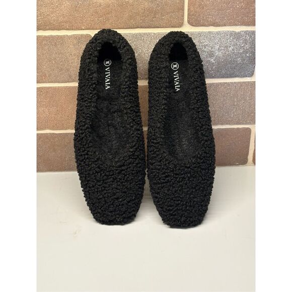 Vivaia Square Flats Shoes Margot Faux Fur Black Women Size 40 US Size‎ 9 - Picture 1 of 7